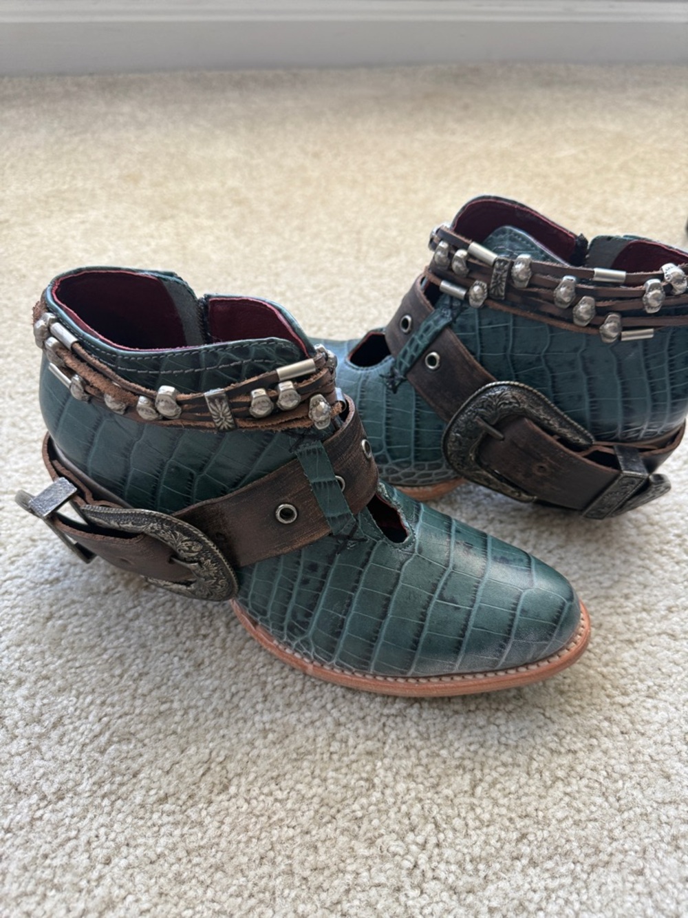 Freebird Turquoise Croc-Embossed Ankle Boots with Brown Decorative Strap - Picture 3 of 5